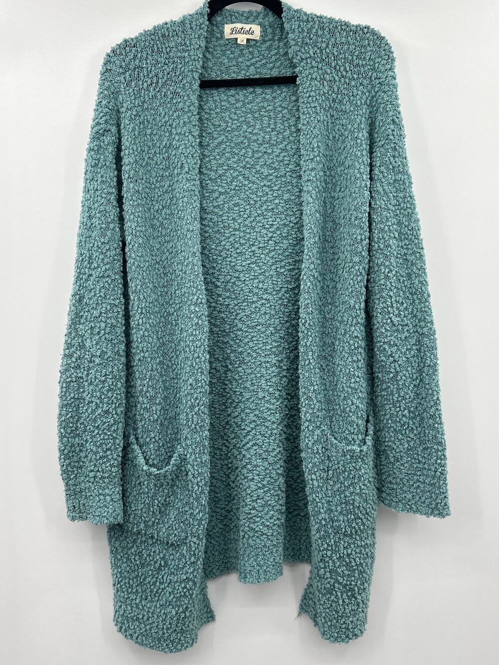Listicle Large Blue Cozy Cardigan Sweater Longline Open Front Pockets Comfy Chic